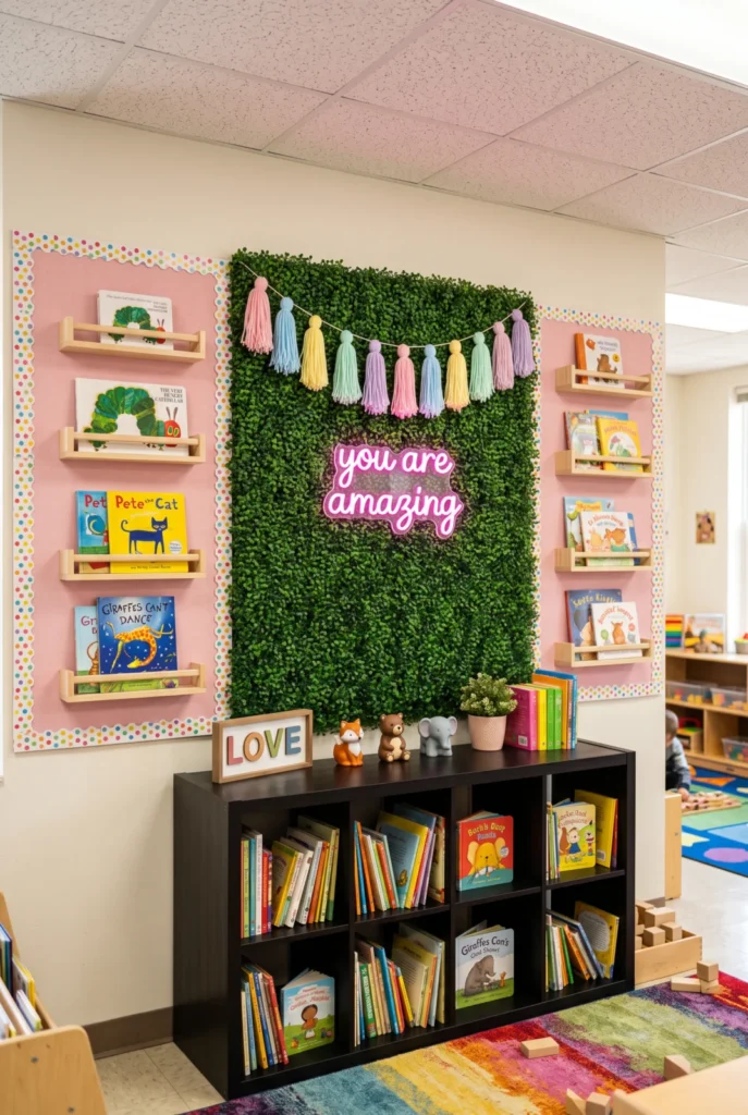 Greenery Wall & Neon Sign Classroom Reading Nook