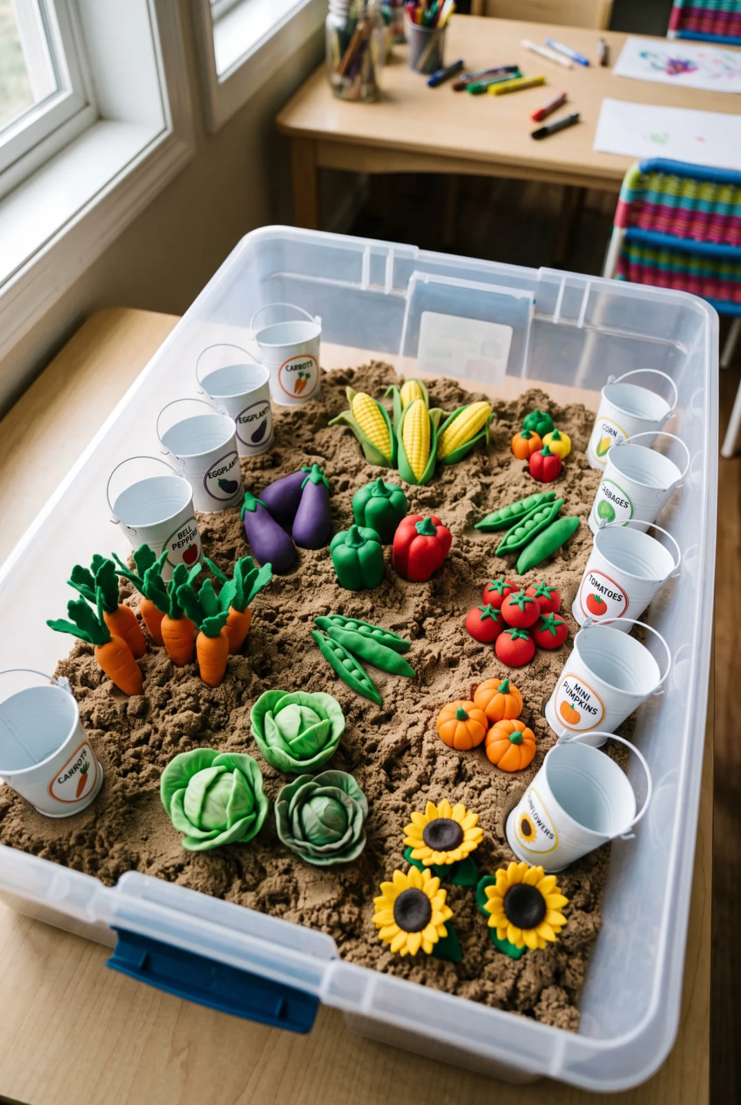 DIY Farm Vegetable Garden Kinetic Sand Sensory Bin