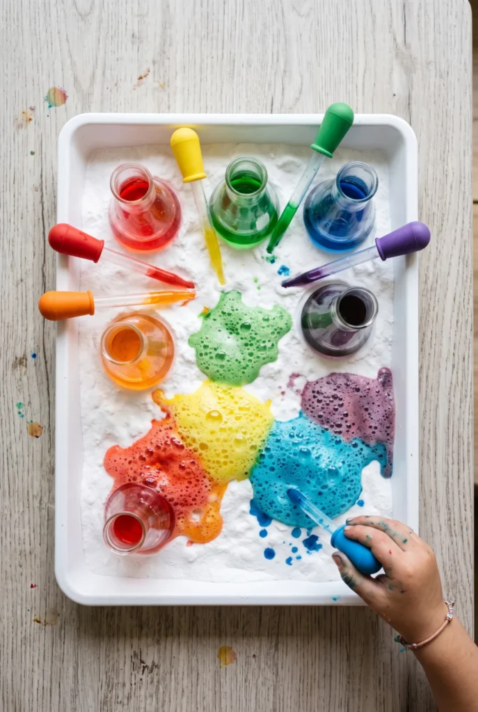 Baking Soda & Vinegar Rainbow Color Mixing Science Experiment