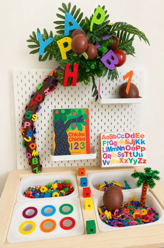 Chicka Chicka 123 Coconut Tree Sensory Bin Setup