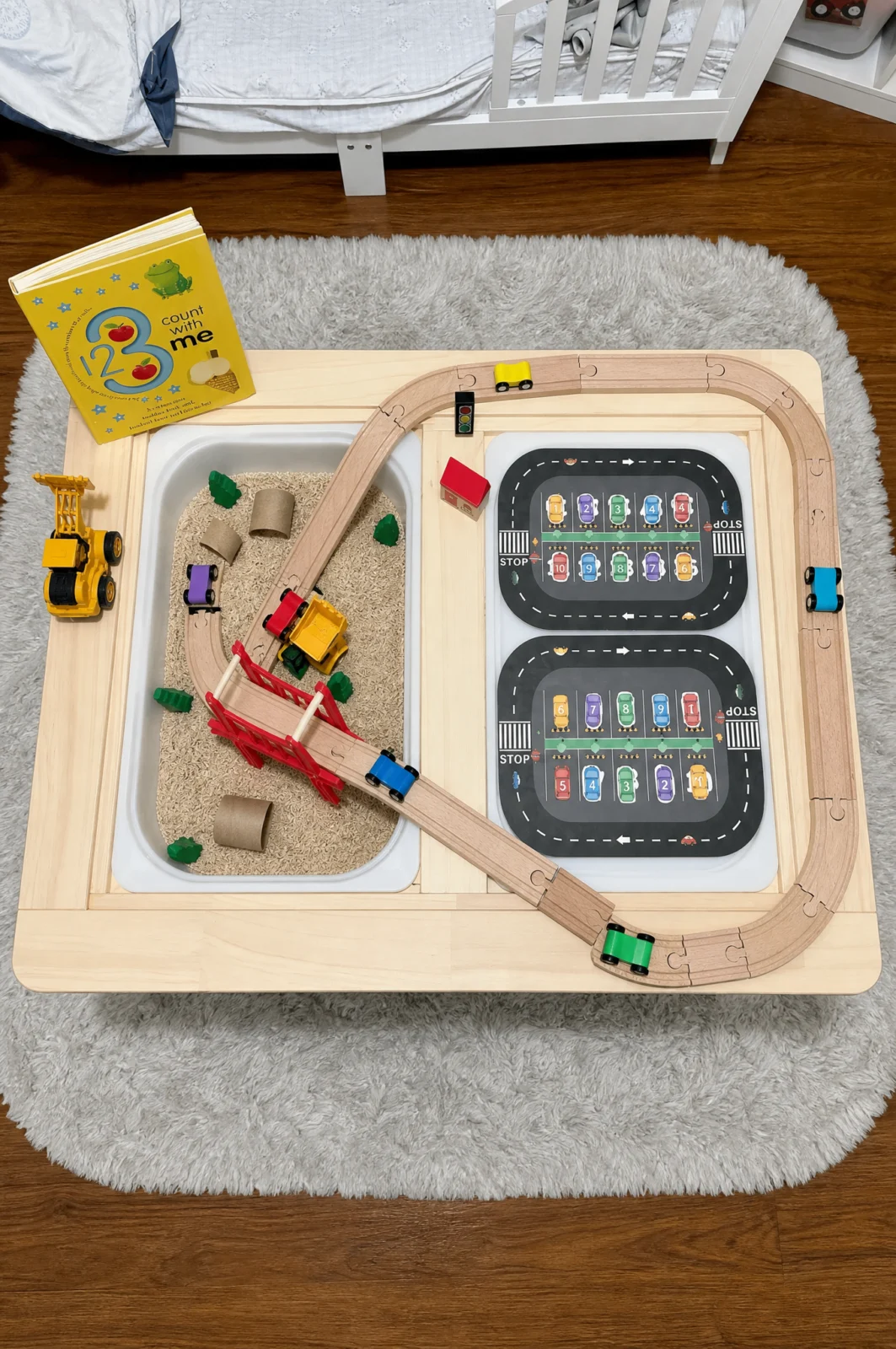 Count & Drive Sensory Table Setup for Preschool Math