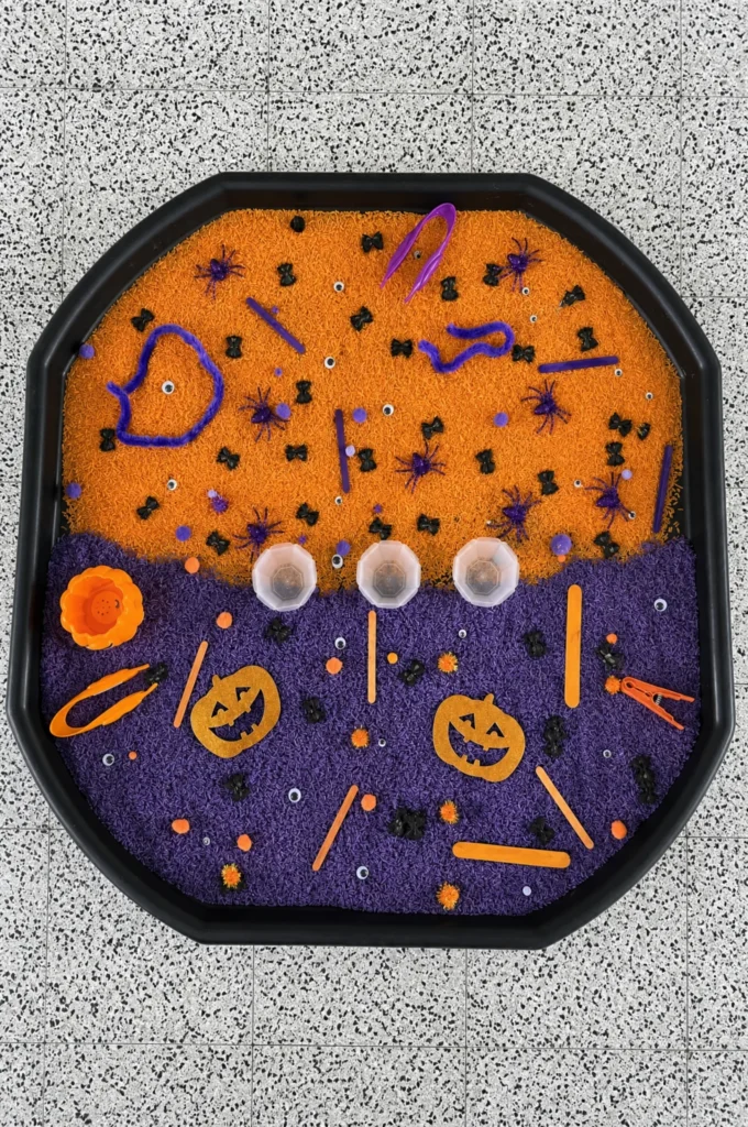 Halloween Colored Rice Sensory Bin | Easy Spooky Play for Kids