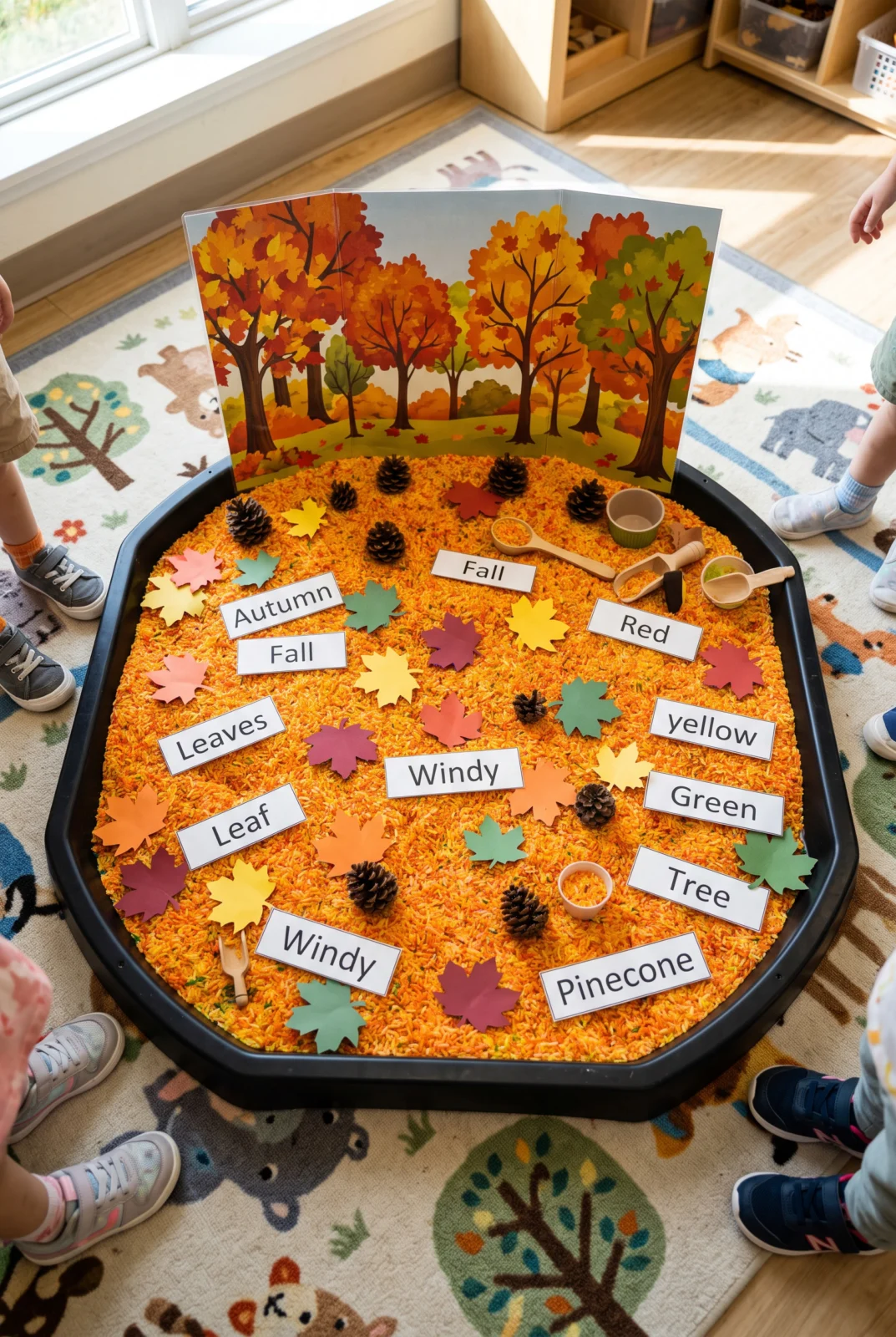 Cozy Autumn Fall Sensory Tray Setup with Leaves and Pinecones