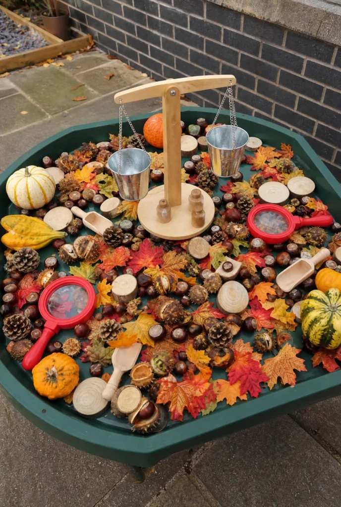 Fall Nature Weighing and Measuring Sensory Tray for Kids