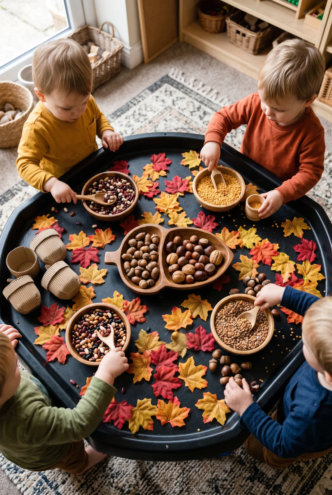 Toddler Fall Sensory Play with Grains, Beans, and Leaves