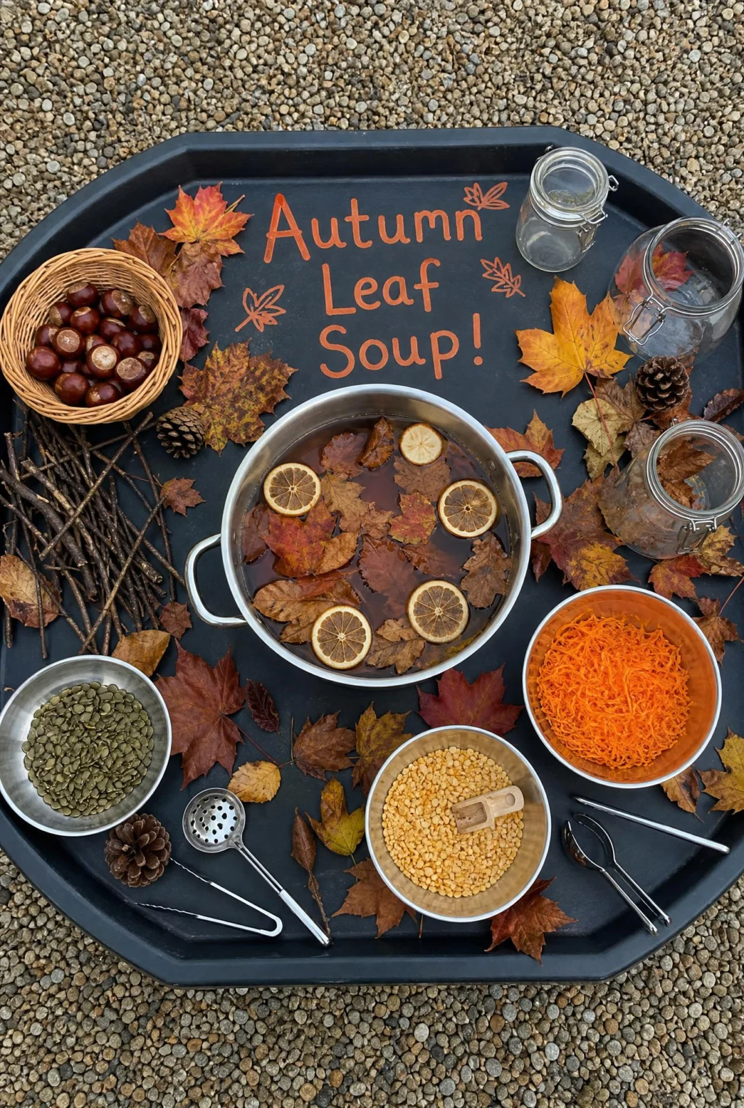 Autumn Leaf Soup Mud Kitchen and Sensory Play Setup