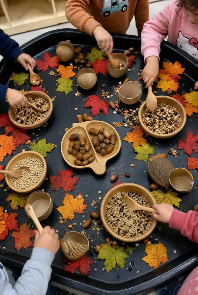 Toddler Fall Sensory Bin with Grains, Acorns, and Leaves