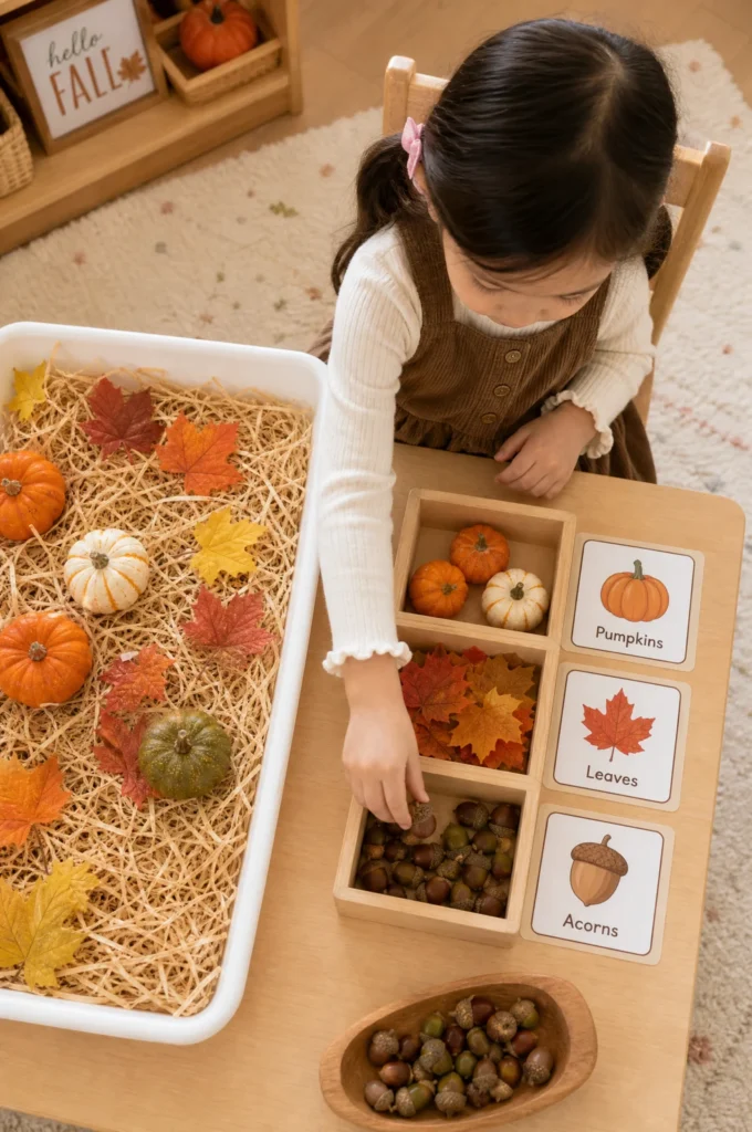 Fall Sorting Sensory Bin Activity with Pumpkins, Leaves & Acorns