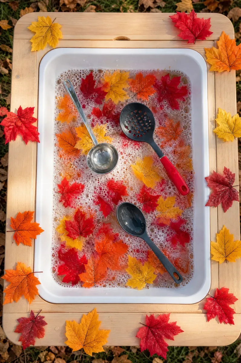 Autumn Leaf Soup Water Play Sensory Table Setup for Toddlers