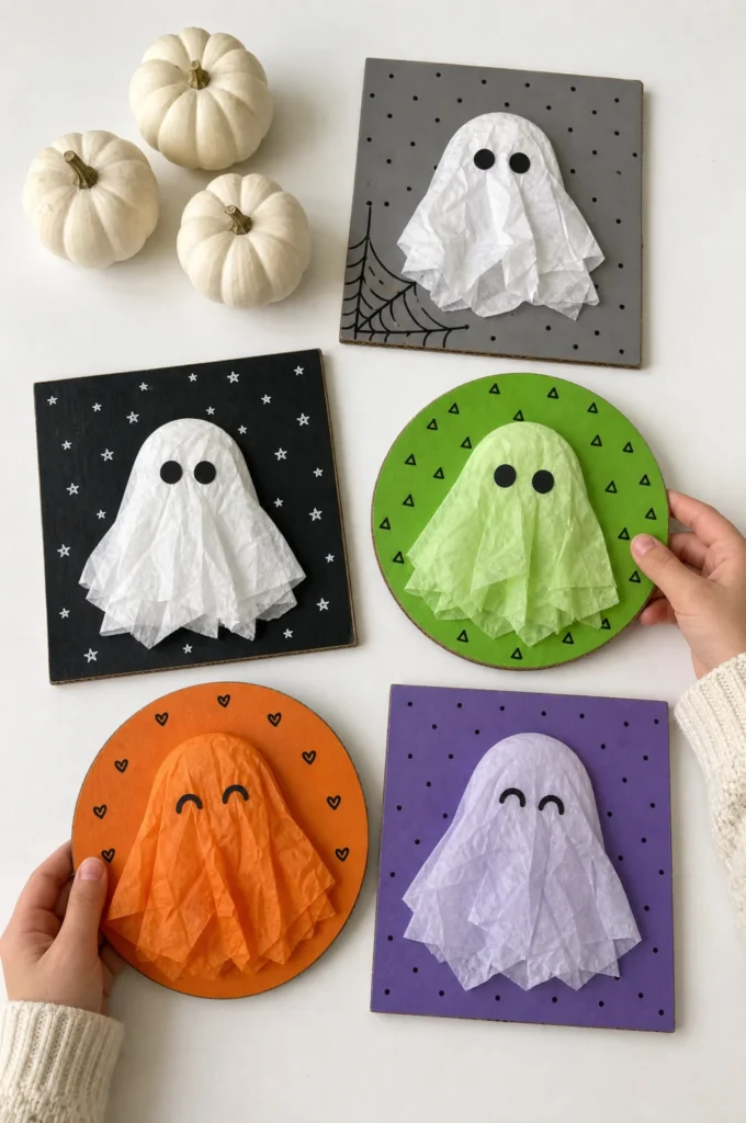 Cute Tissue Paper Ghost Crafts on Cardboard for Halloween Fun