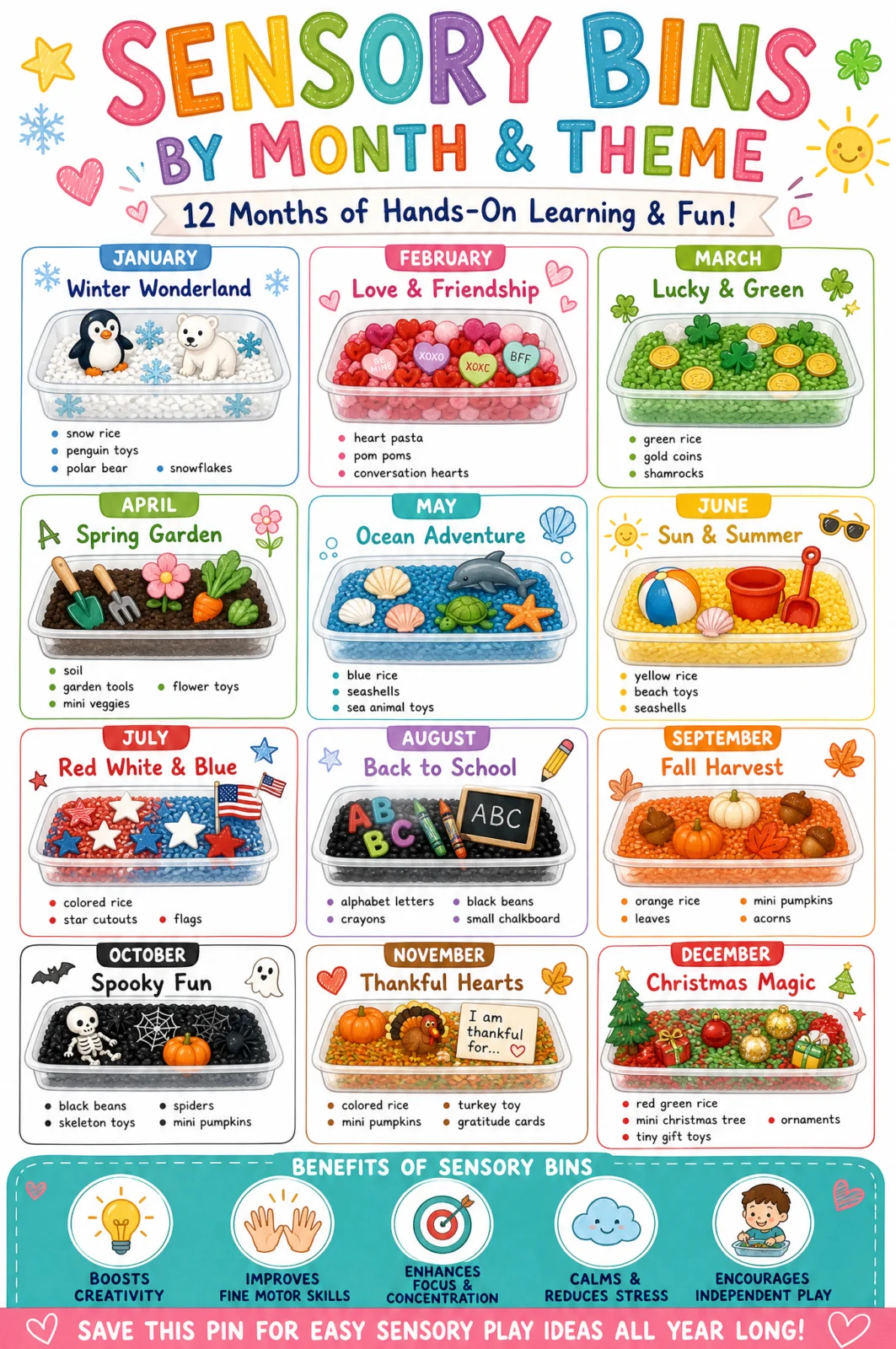 12 Months of Monthly Sensory Bin Ideas for Kids