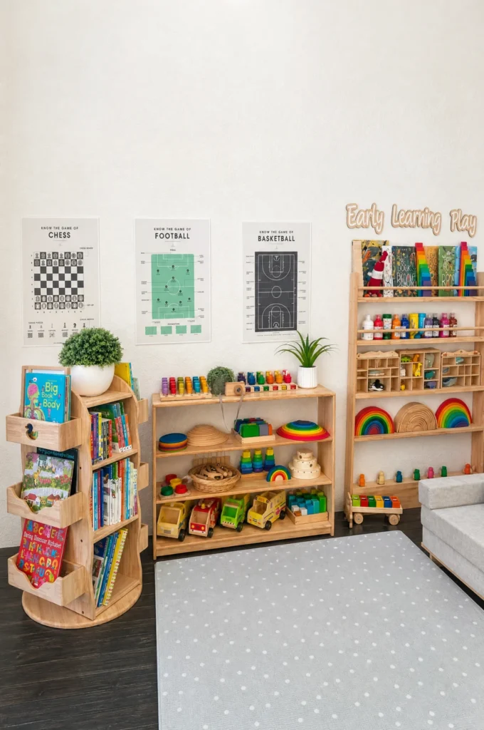 Montessori Playroom Wooden Bookshelf & Storage Setup