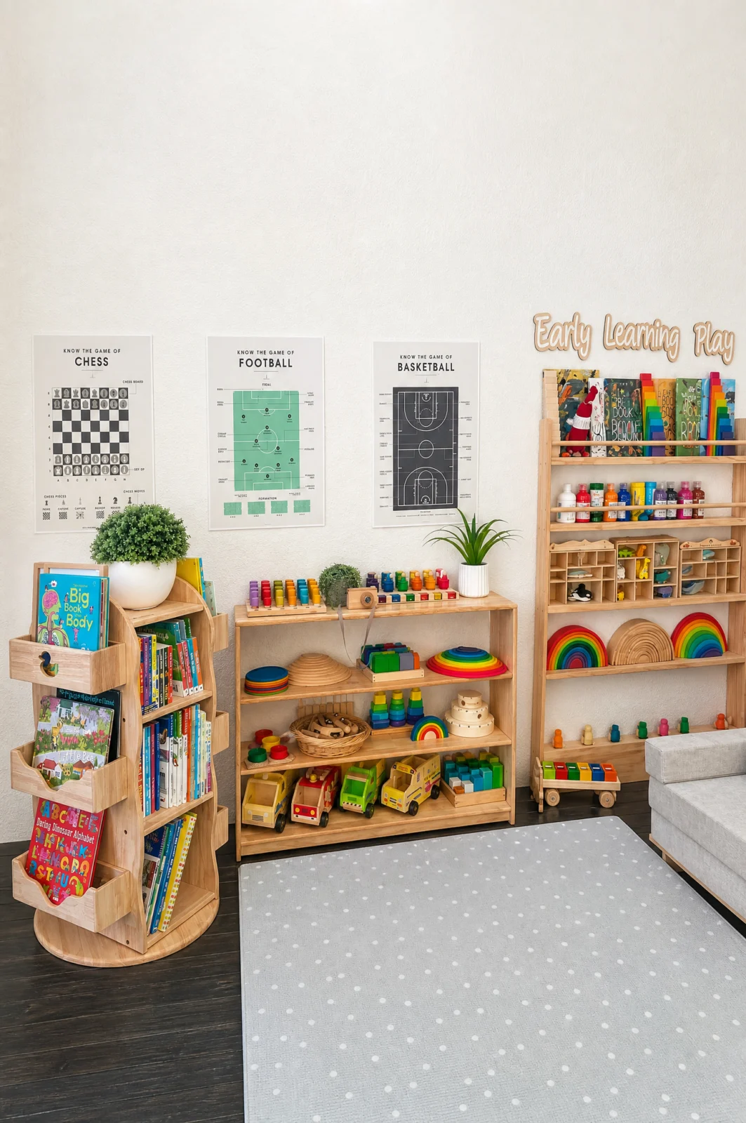 Montessori Playroom Wooden Bookshelf & Storage Setup