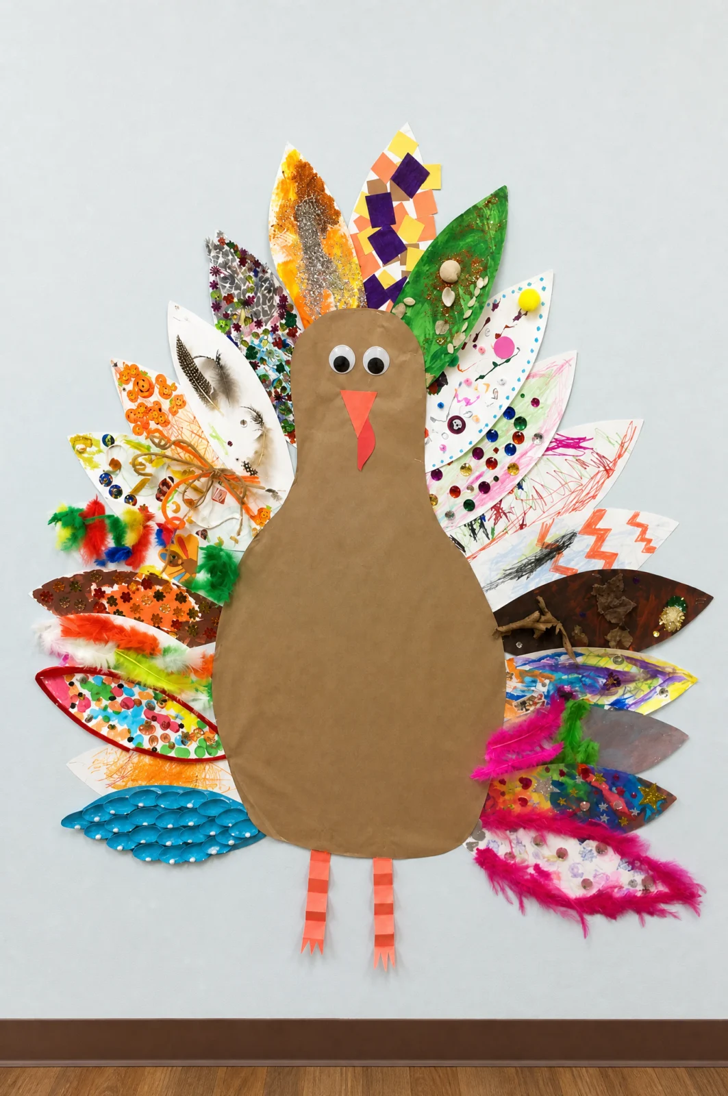 Giant Classroom Turkey Craft with Autumn Leaves & Feathers