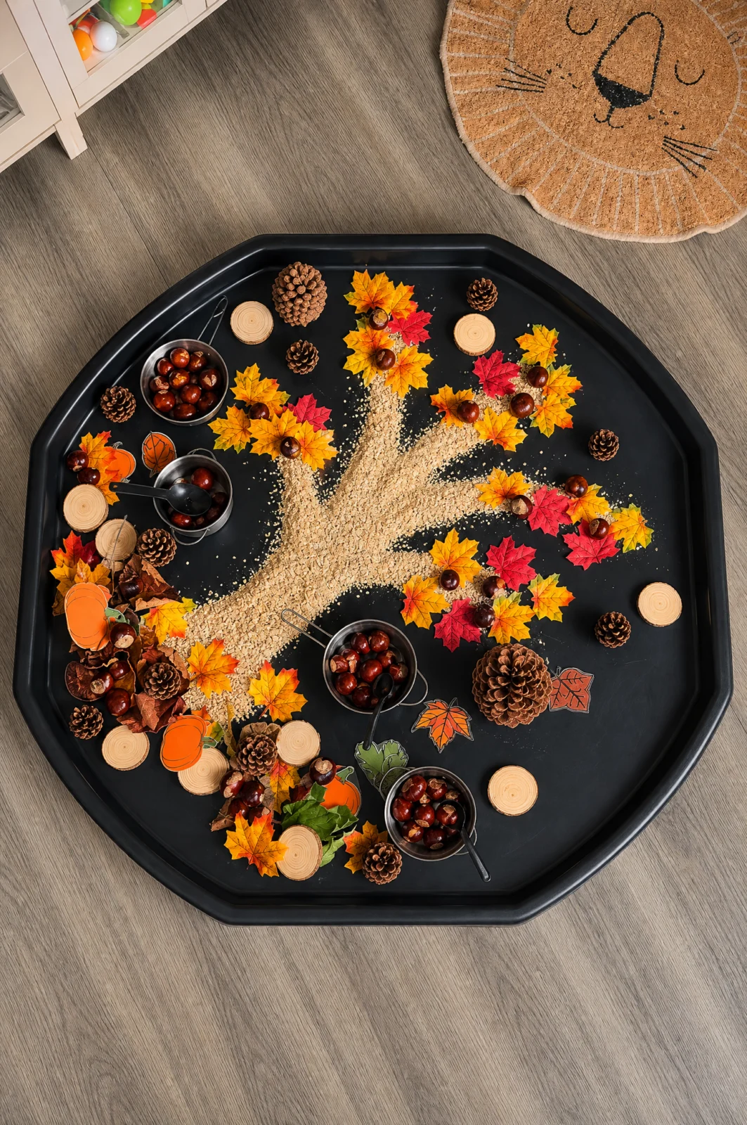 Autumn Tree Sensory Tuff Tray with Cones and Leaves