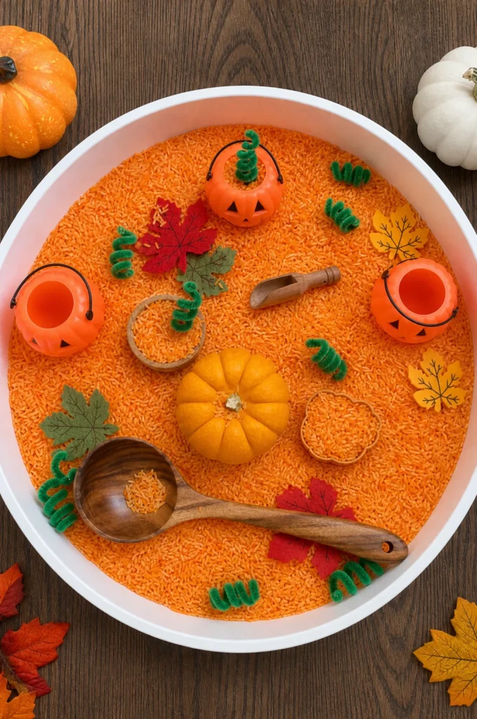 Fall Pumpkin Orange Rice Sensory Bin for Toddlers