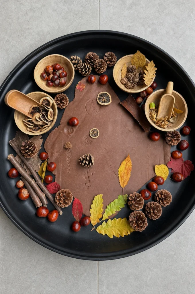 Fall Nature Playdough Tray with Cones and Leaves