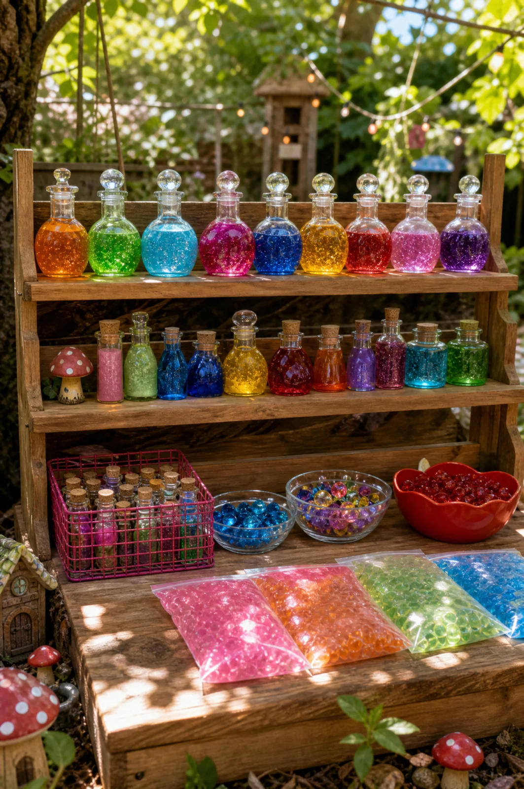 Rainbow Potion Bottles for a Magical Outdoor Play Setup