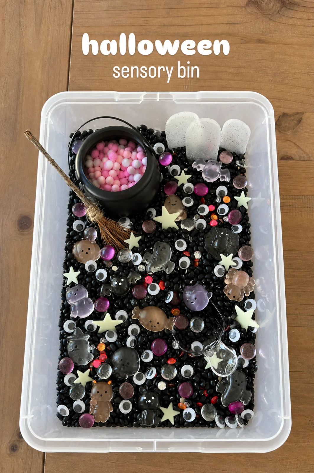 Black Bean Witch Cauldron Halloween Sensory Bin