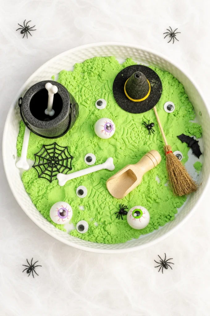 Spooky Green Kinetic Sand Witch Sensory Tray