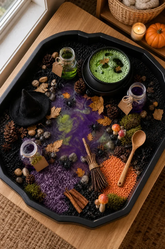 Cozy Witch Cauldron & Colored Rice Sensory Bin