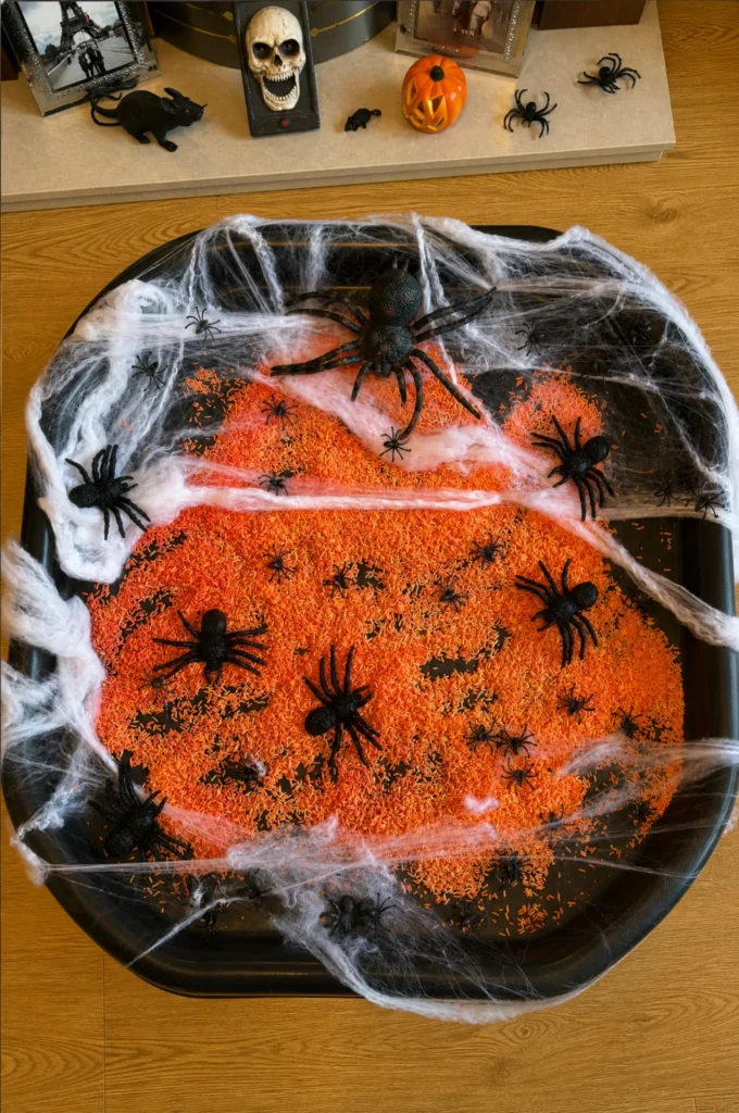 Spooky Spider Web & Orange Rice Sensory Tray