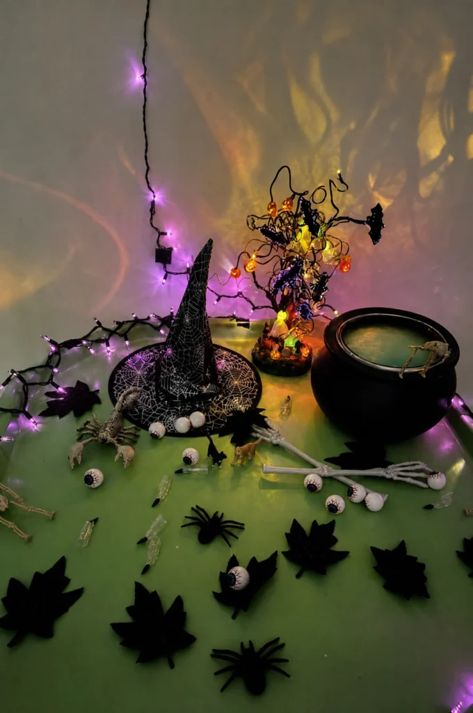 Glow in the Dark Witch Cauldron & Spider Web Sensory Tray