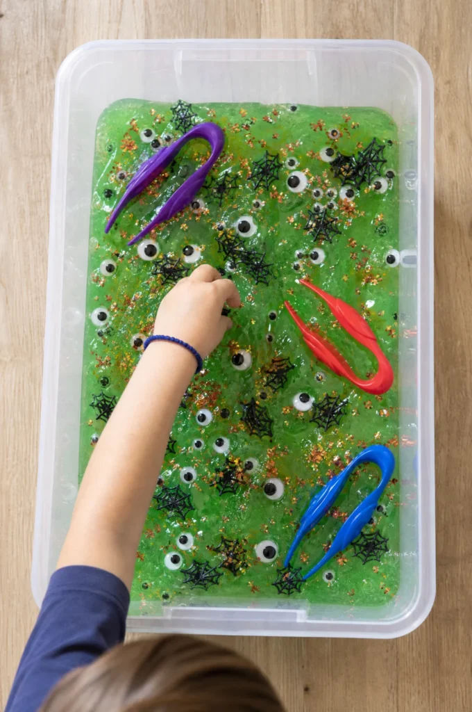 Green Monster Sensory Tray with Googly Eyes
