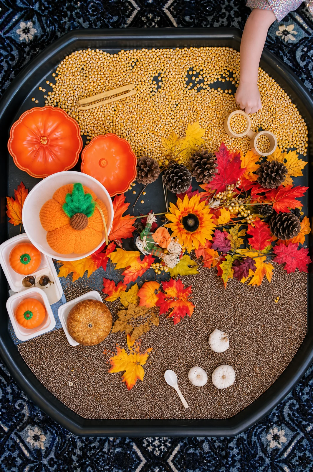 Fall Harvest Leaves & Corn Kernel Sensory Tuff Tray