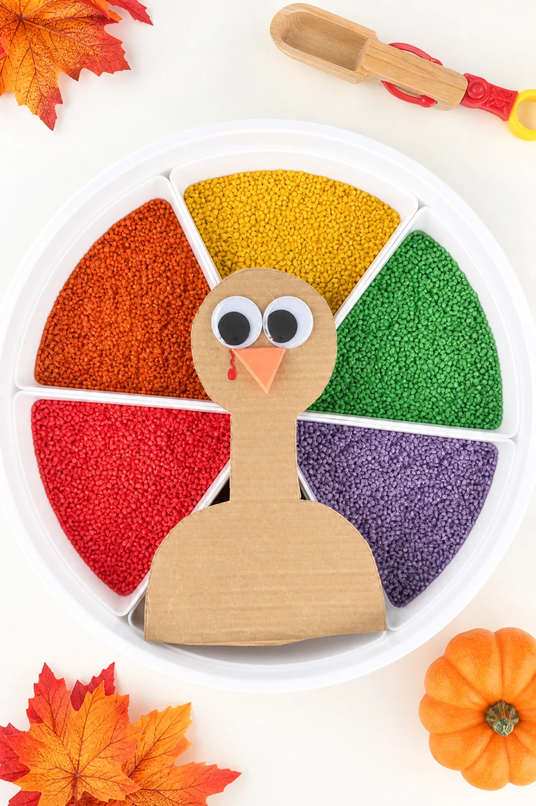 Rainbow Turkey Rice Sorting Thanksgiving Sensory Tray