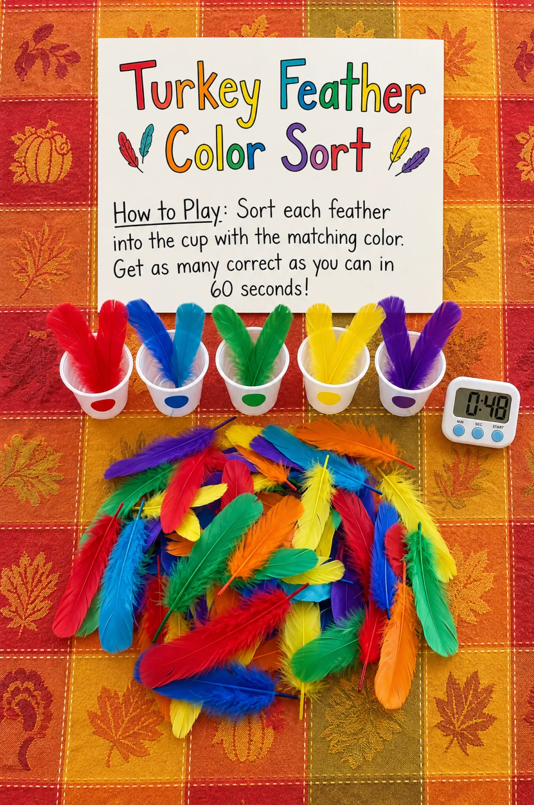 Timed Turkey Feather Color Sorting Thanksgiving Game