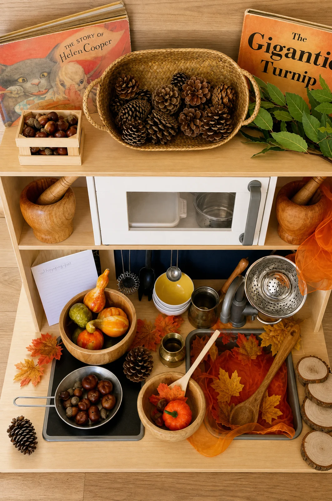 Cozy Fall Play Kitchen Wooden Sensory Setup