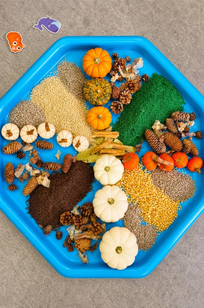 Autumn Harvest Pumpkin & Corn Tuff Tray Setup
