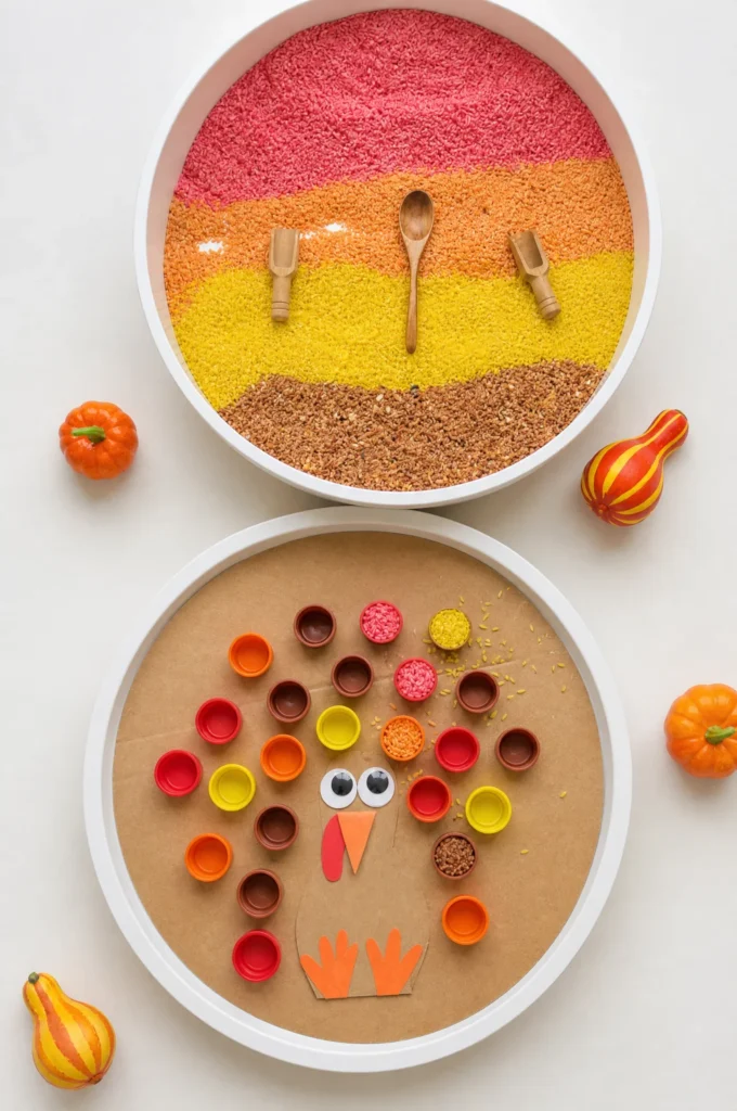 Turkey Rice & Bottle Cap Fine Motor Activity Bin