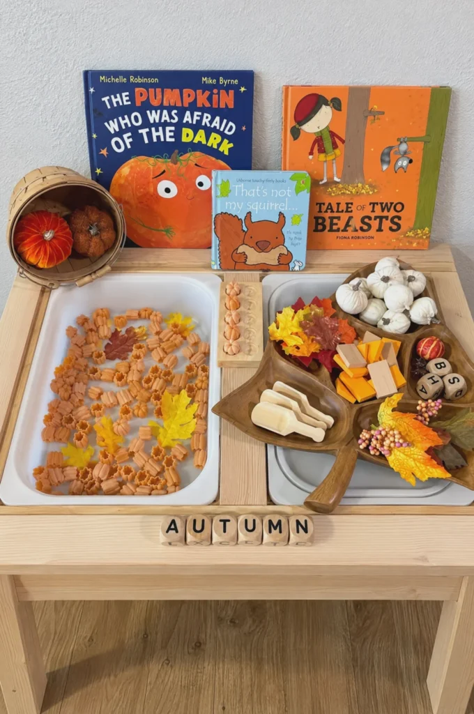 Pumpkin Book-Themed Autumn Pasta Sensory Table Idea